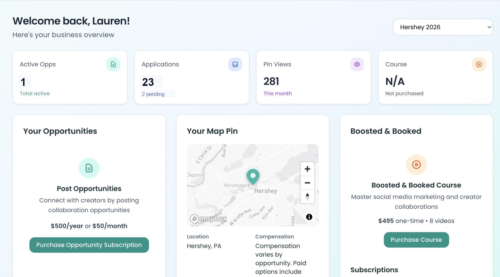 Business dashboard showing active opportunities, applications, map pin, and Boosted & Booked course