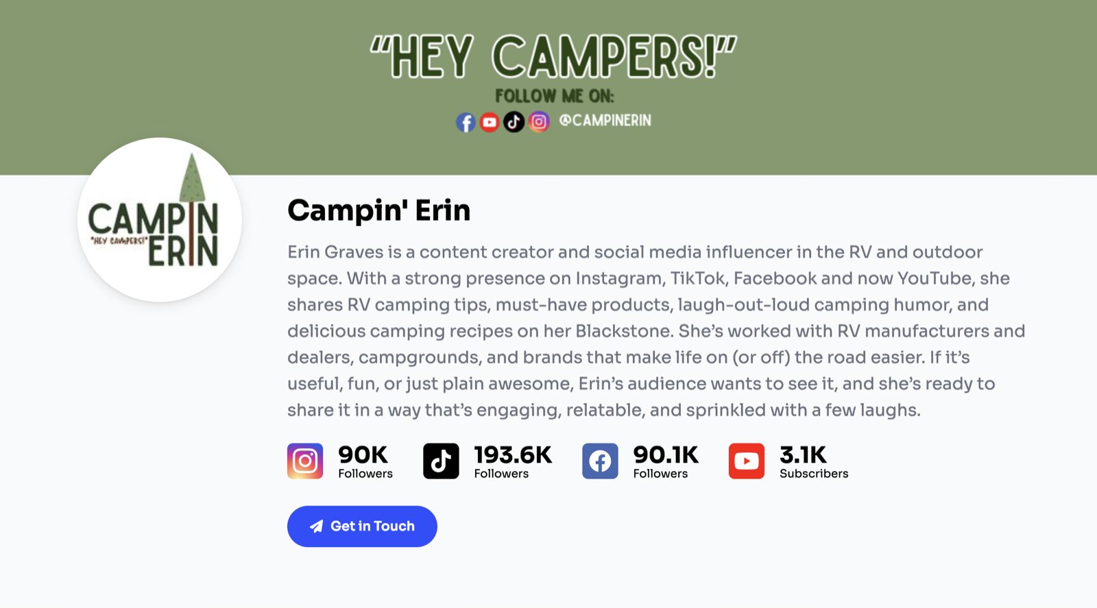 Creator media kit example showing follower stats and bio