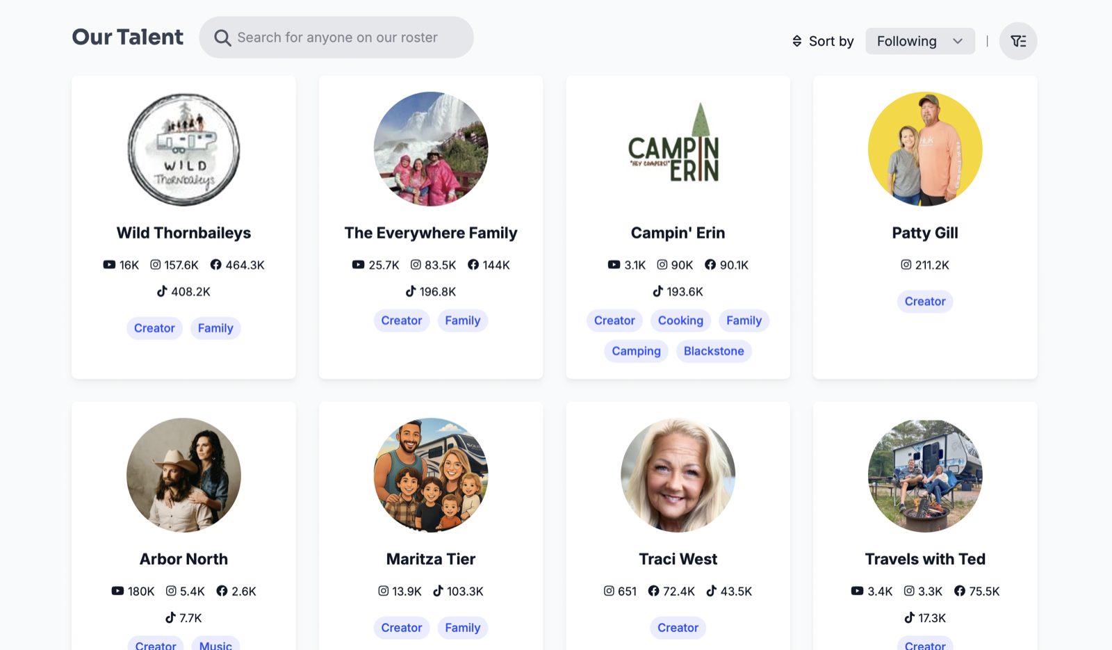 Talent roster grid showing creator cards with follower stats, used by businesses to browse creators